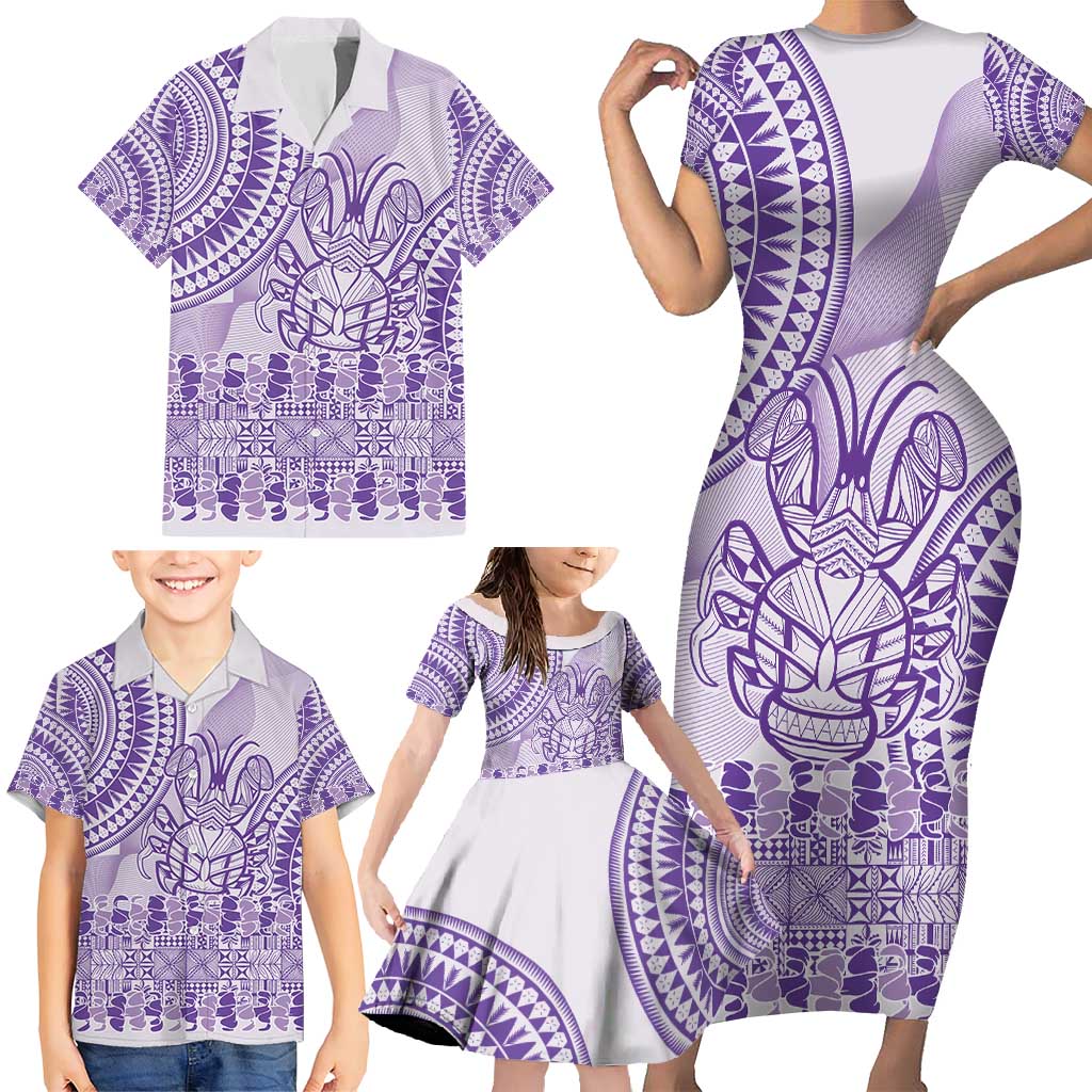 Purple Niue Language Week Family Matching Short Sleeve Bodycon Dress and Hawaiian Shirt The Rock Coconut Crab - Siapo Pattern