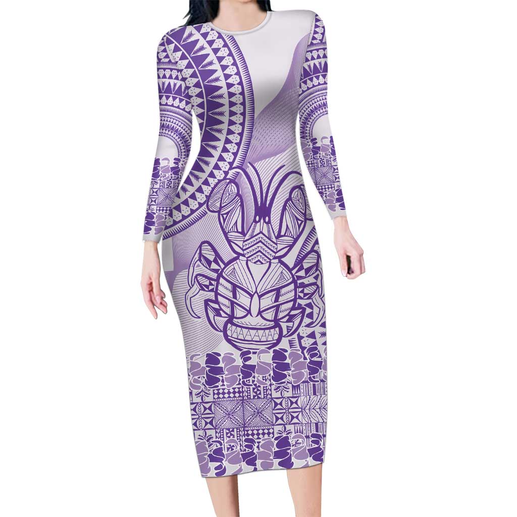 Purple Niue Language Week Long Sleeve Bodycon Dress The Rock Coconut Crab - Siapo Pattern