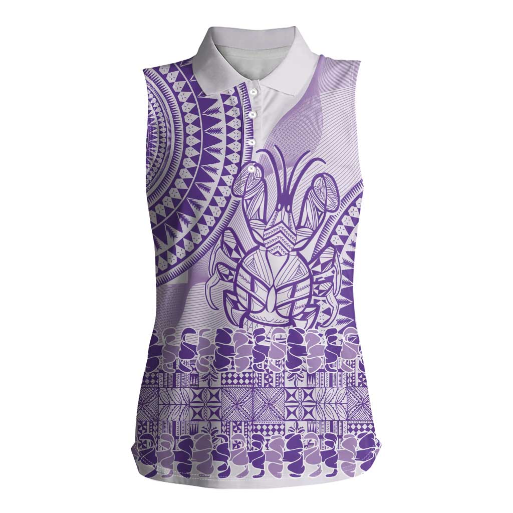 Purple Niue Language Week Women Sleeveless Polo Shirt The Rock Coconut Crab - Siapo Pattern