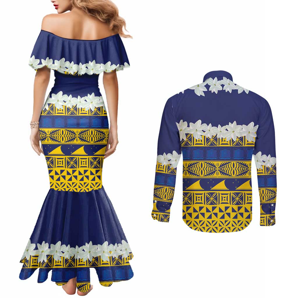 Tokelau Language Week Couples Matching Mermaid Dress and Long Sleeve Button Shirt Tokelauan Tuluma With Gardenia Thunbergia