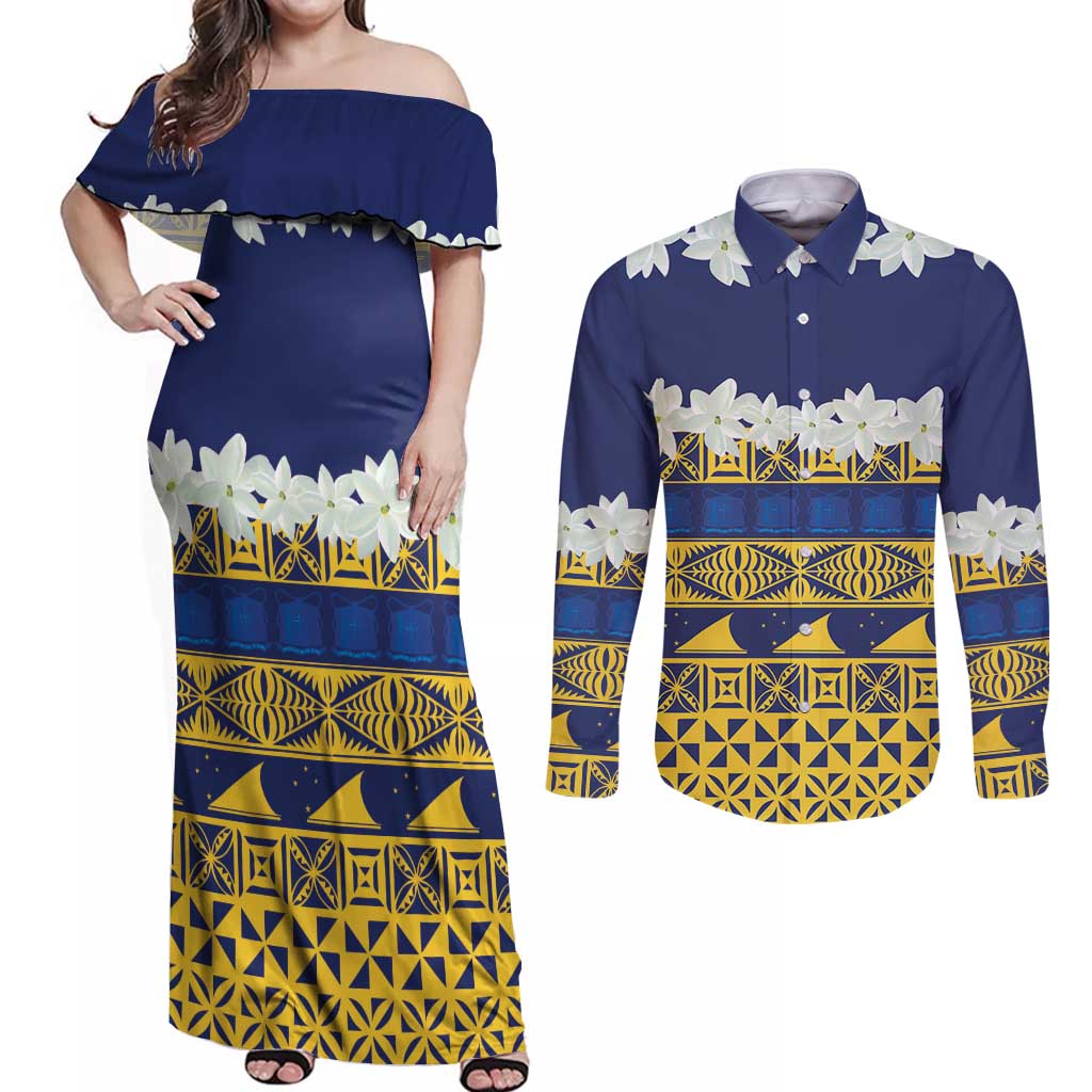 Tokelau Language Week Couples Matching Off Shoulder Maxi Dress and Long Sleeve Button Shirt Tokelauan Tuluma With Gardenia Thunbergia LT14 Blue - Polynesian Pride