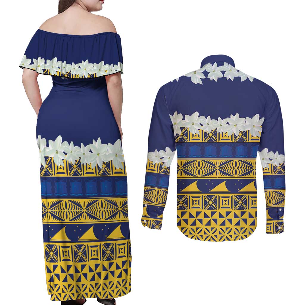 Tokelau Language Week Couples Matching Off Shoulder Maxi Dress and Long Sleeve Button Shirt Tokelauan Tuluma With Gardenia Thunbergia LT14 - Polynesian Pride