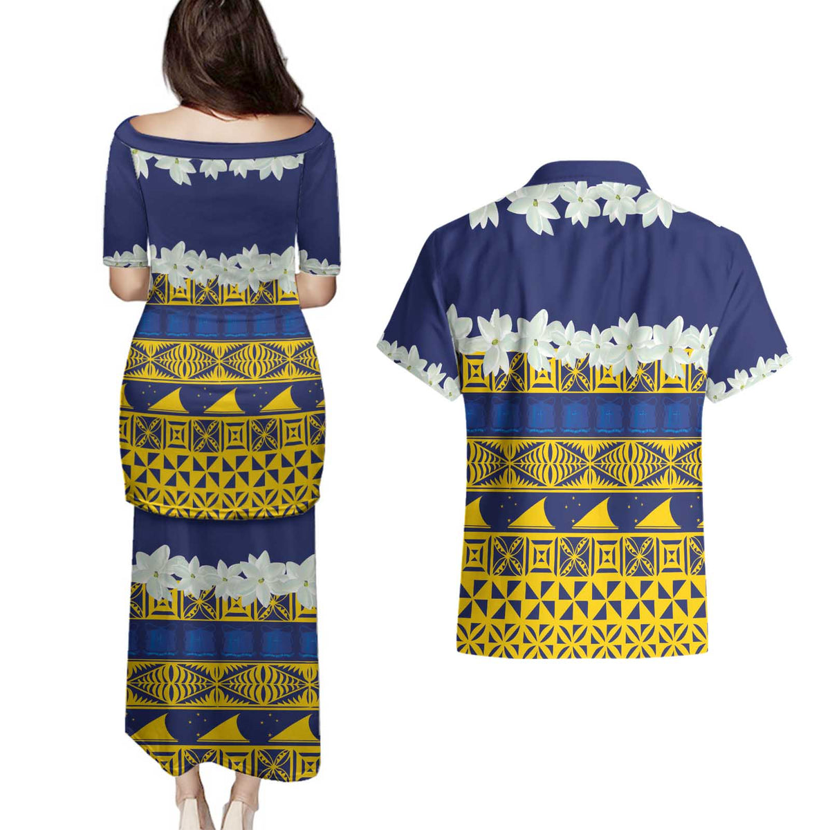 Tokelau Language Week Couples Matching Puletasi and Hawaiian Shirt Tokelauan Tuluma With Gardenia Thunbergia LT14 - Polynesian Pride