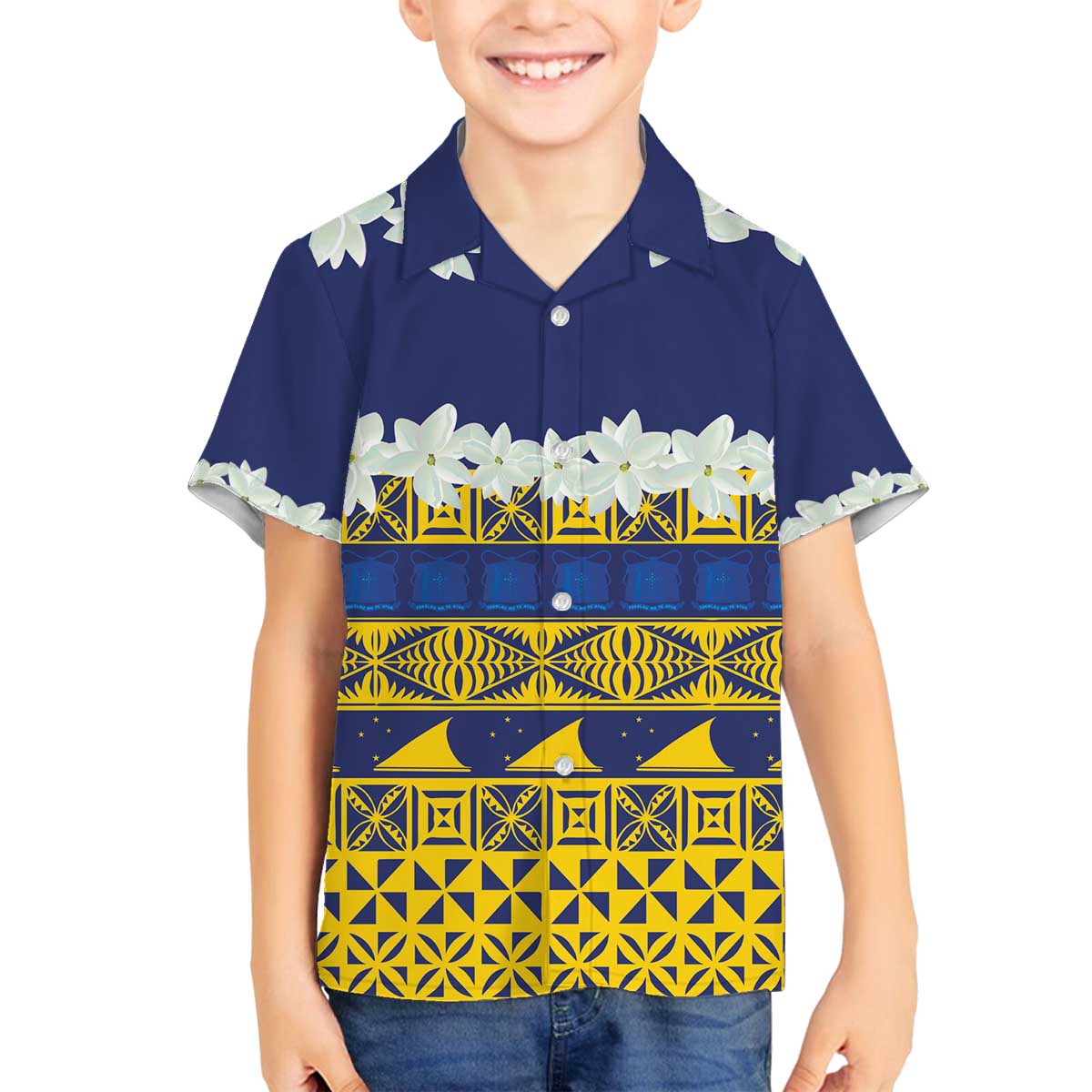 Tokelau Language Week Family Matching Off The Shoulder Long Sleeve Dress and Hawaiian Shirt Tokelauan Tuluma With Gardenia Thunbergia