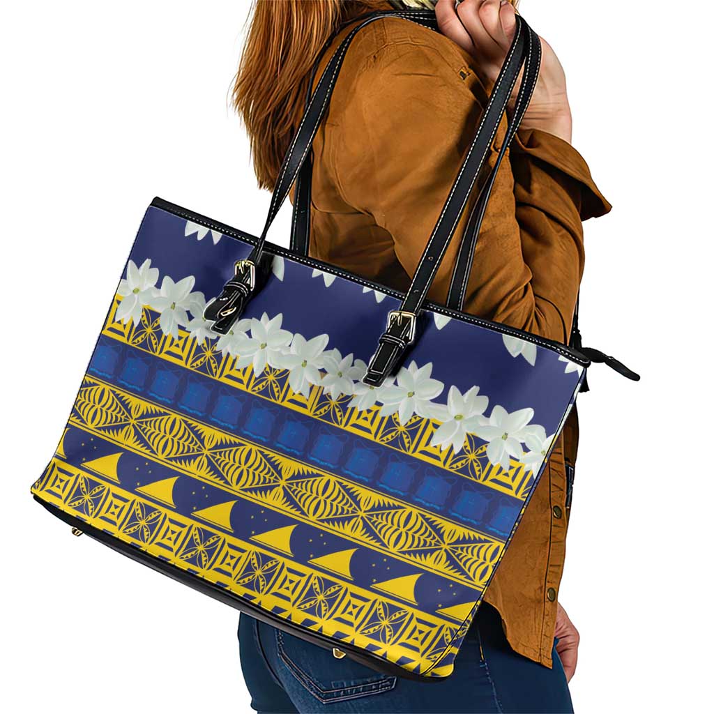 Tokelau Language Week Leather Tote Bag Tokelauan Tuluma With Gardenia Thunbergia