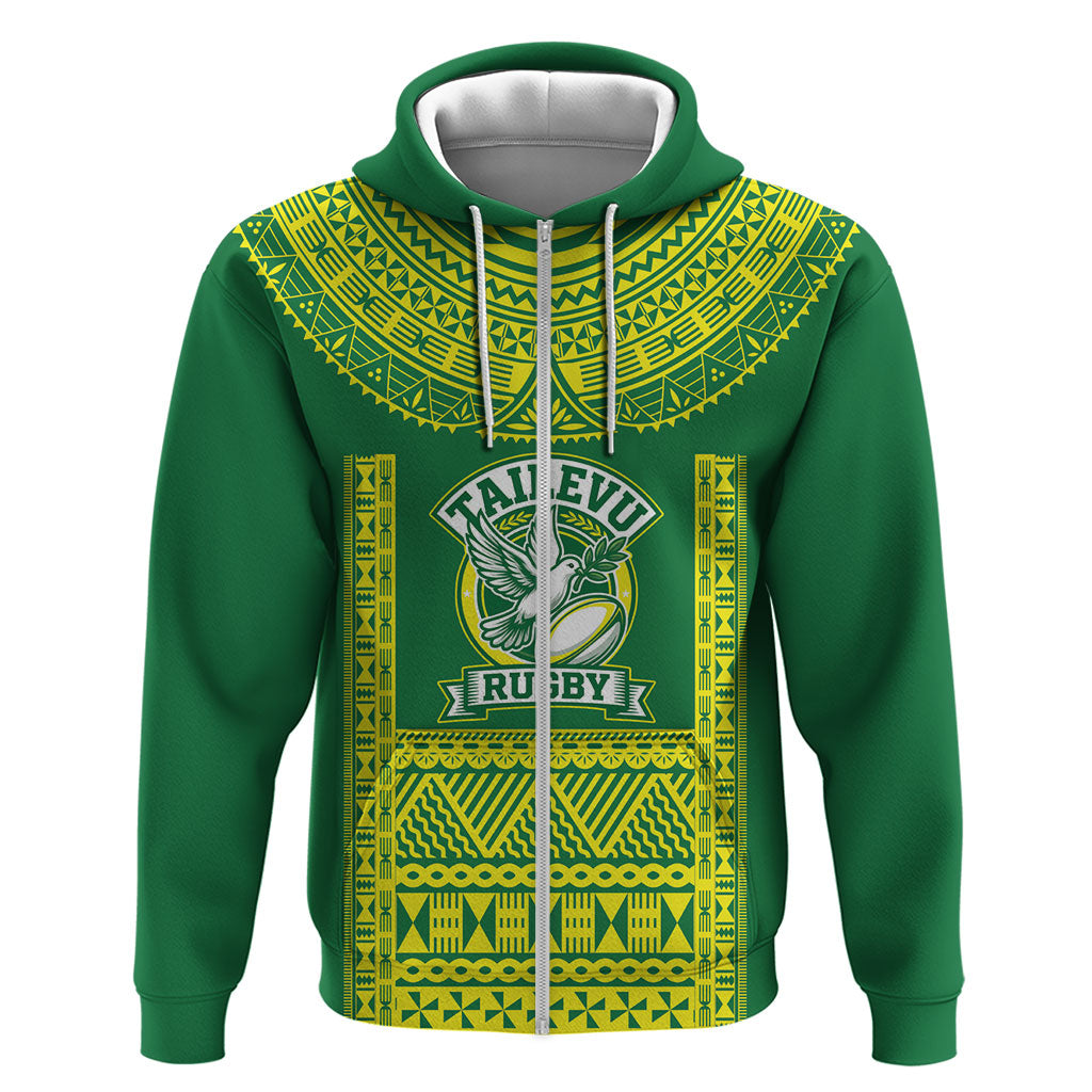 Fiji Tailevu Rugby Custom Hoodie Go Champions Fijian Tapa Pattern LT14 Zip Hoodie Green - Polynesian Pride