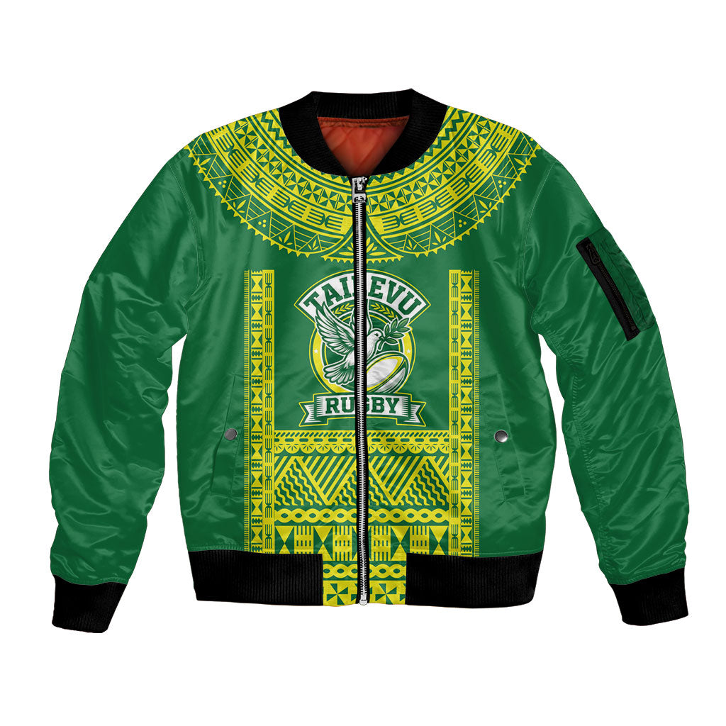 Fiji Tailevu Rugby Custom Sleeve Zip Bomber Jacket Go Champions Fijian Tapa Pattern LT14 Unisex Green - Polynesian Pride