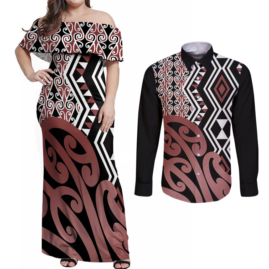 New Zealand Couples Matching Off Shoulder Maxi Dress and Long Sleeve Button Shirt Aotearoa Kowhaiwhai Mix Taniko Art LT14 Brown - Polynesian Pride