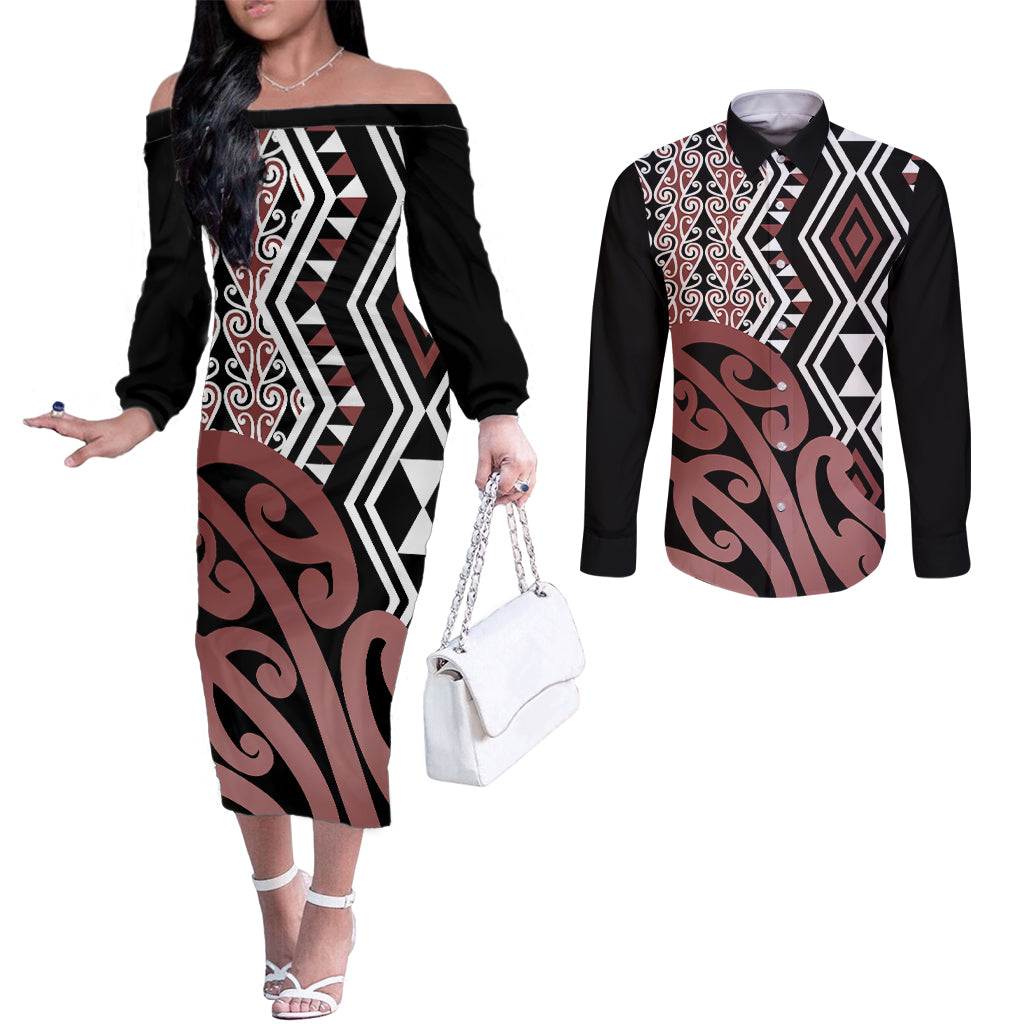 New Zealand Couples Matching Off The Shoulder Long Sleeve Dress and Long Sleeve Button Shirt Aotearoa Kowhaiwhai Mix Taniko Art LT14 Brown - Polynesian Pride