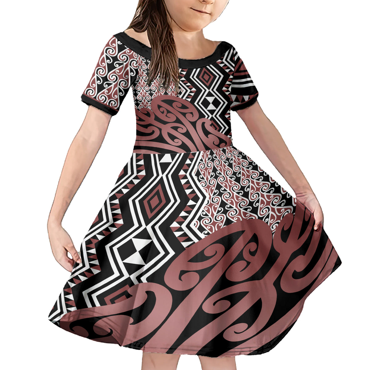 New Zealand Family Matching Short Sleeve Bodycon Dress and Hawaiian Shirt Aotearoa Kowhaiwhai Mix Taniko Art LT14 Daughter's Dress Brown - Polynesian Pride