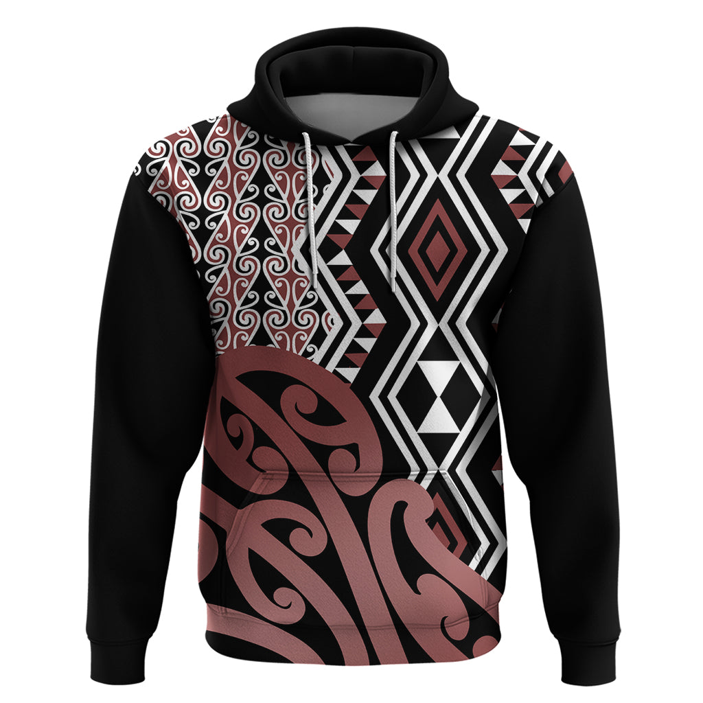 New Zealand Hoodie Aotearoa Kowhaiwhai Mix Taniko Art LT14 Brown - Polynesian Pride