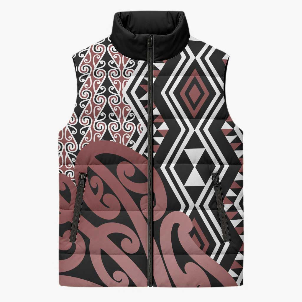 New Zealand Sleeveless Puffer Jacket Aotearoa Kowhaiwhai Mix Taniko Art LT14 Unisex Brown - Polynesian Pride