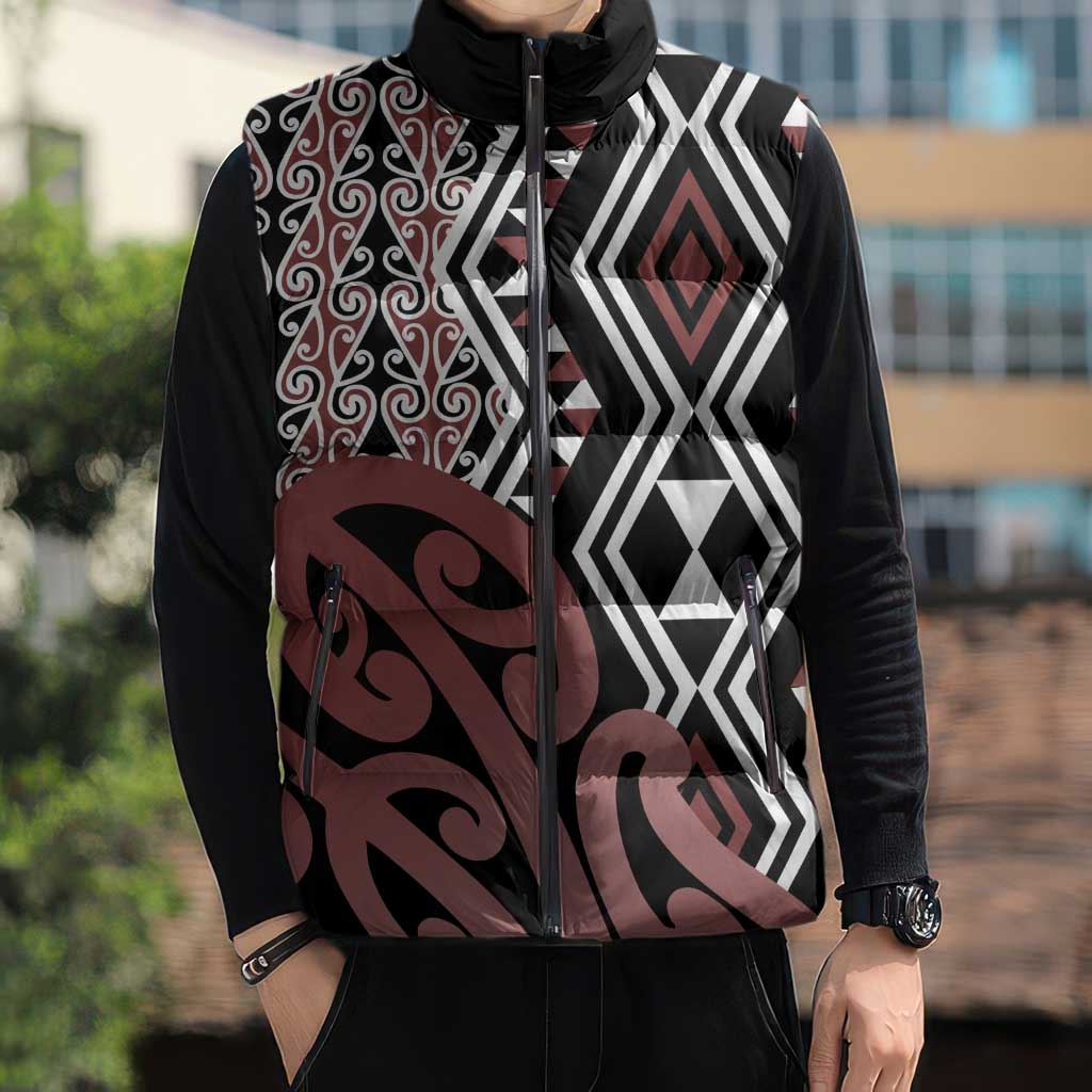 New Zealand Sleeveless Puffer Jacket Aotearoa Kowhaiwhai Mix Taniko Art LT14 - Polynesian Pride