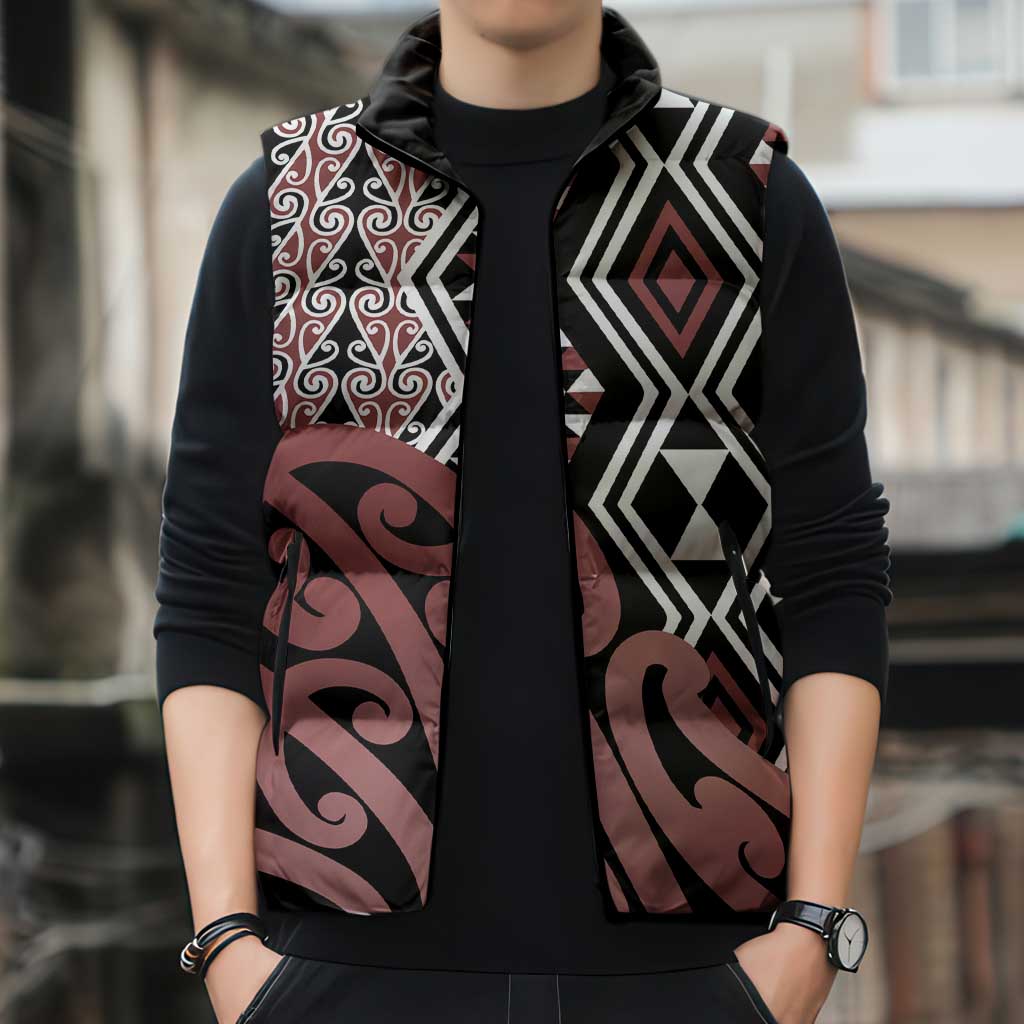 New Zealand Sleeveless Puffer Jacket Aotearoa Kowhaiwhai Mix Taniko Art LT14 - Polynesian Pride
