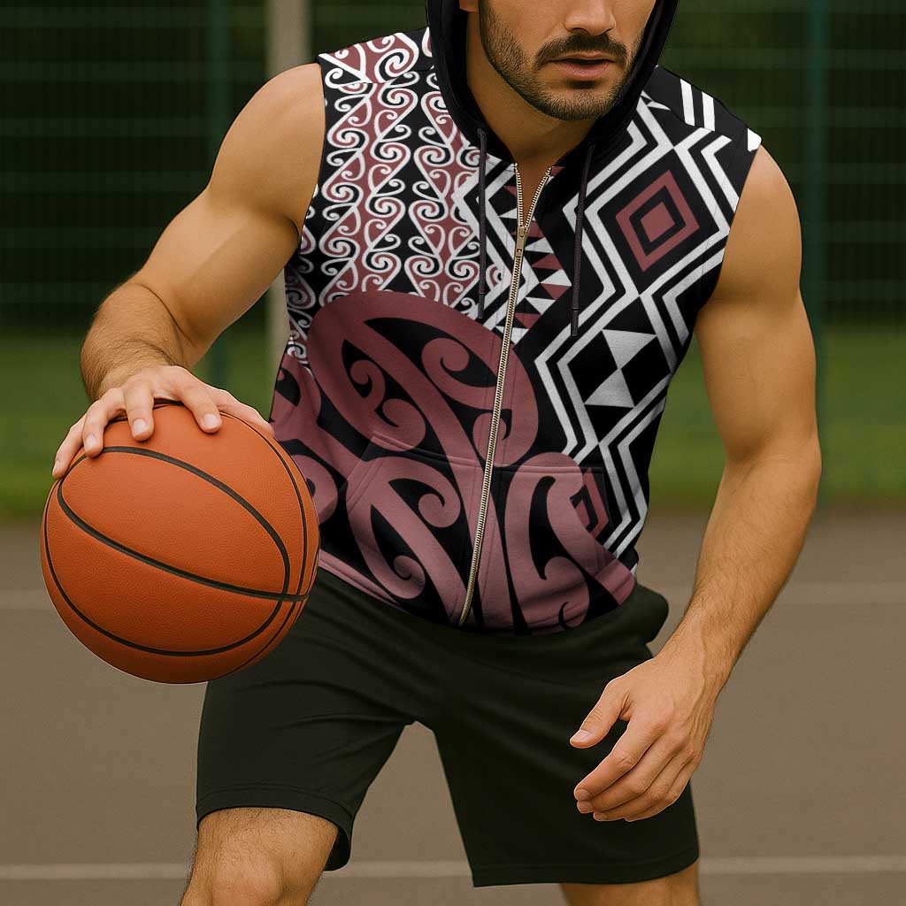 New Zealand Sleeveless Zip Hoodie Aotearoa Kowhaiwhai Mix Taniko Art - Polynesian Pride