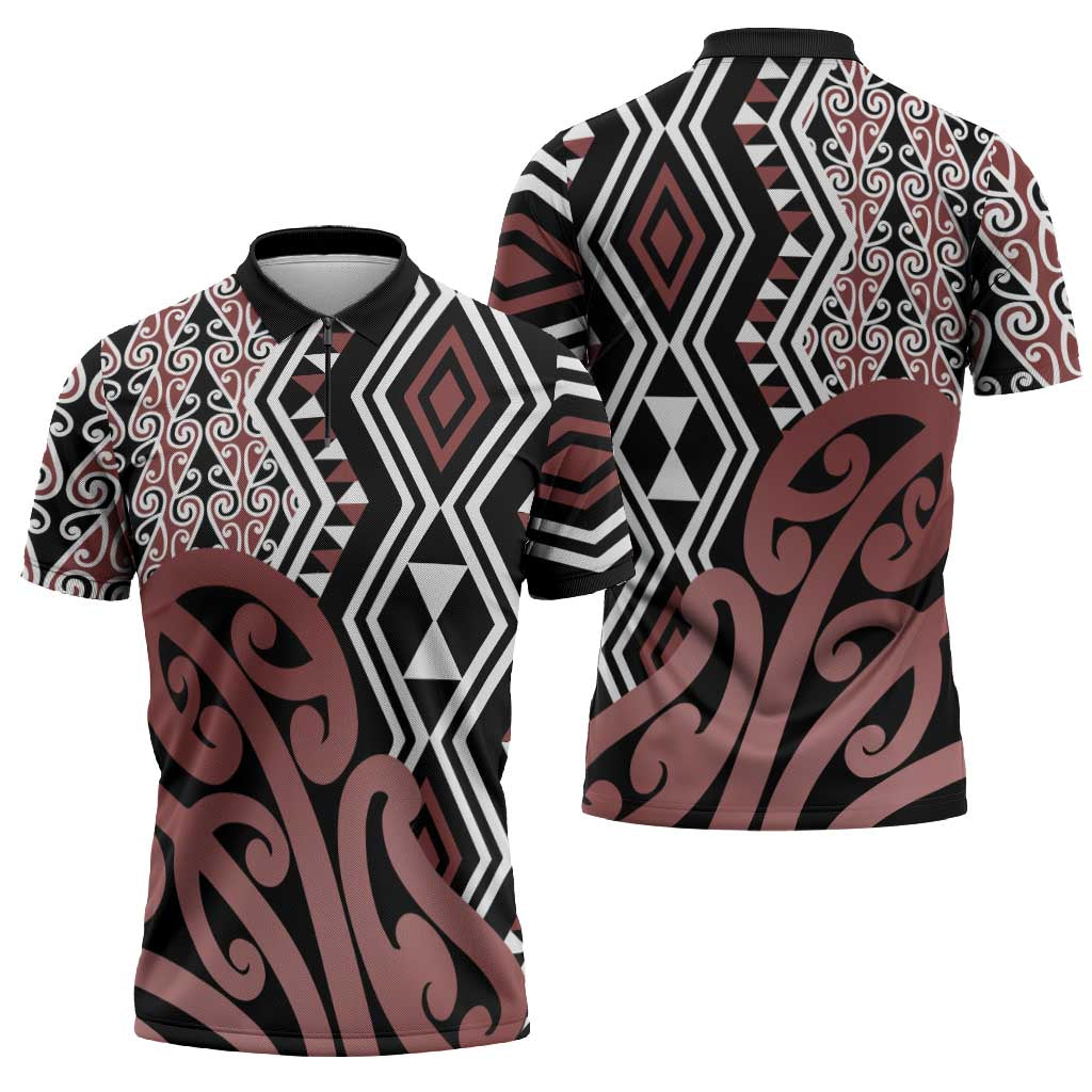 New Zealand Zipper Polo Shirt Aotearoa Kowhaiwhai Mix Taniko Art - Polynesian Pride