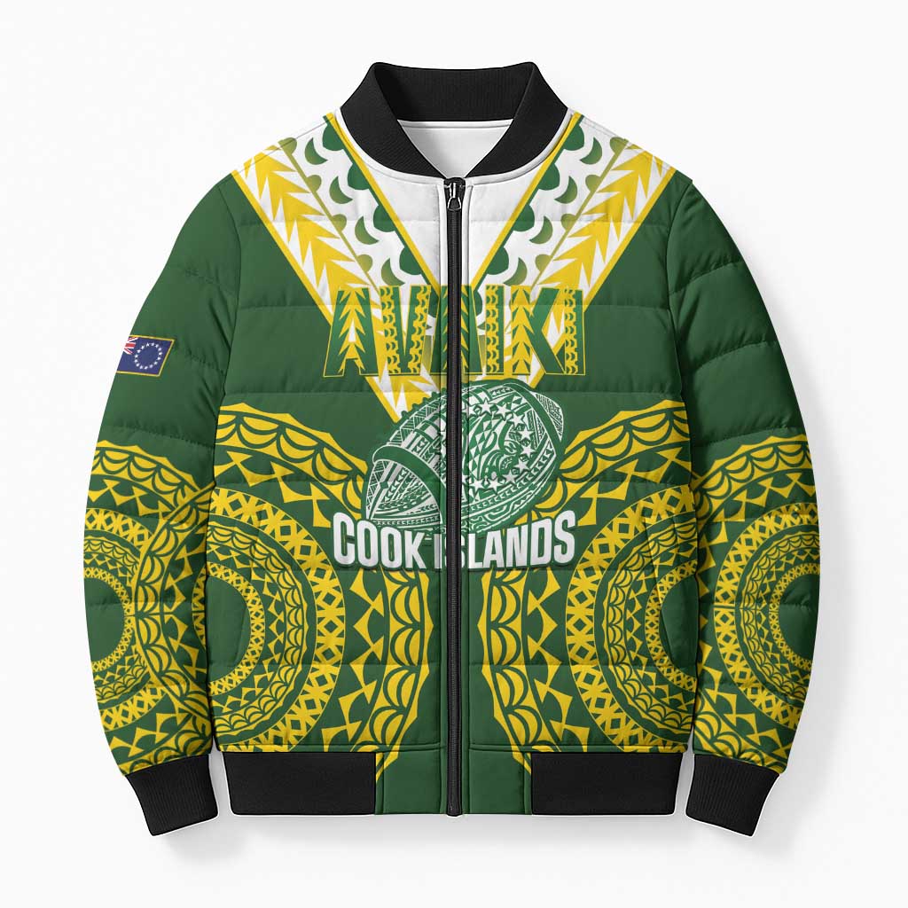 Custom Avaiki Cook Islands Rugby Bomber Puffer Jacket Kuki Airani Tatau Green LT14 Unisex Green - Polynesian Pride