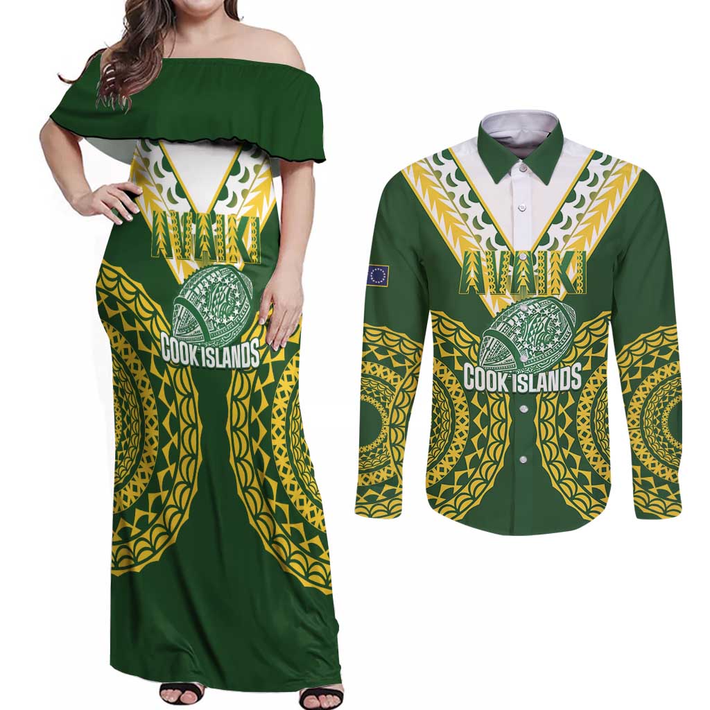 Custom Avaiki Cook Islands Rugby Couples Matching Off Shoulder Maxi Dress and Long Sleeve Button Shirt Kuki Airani Tatau Green LT14 Green - Polynesian Pride