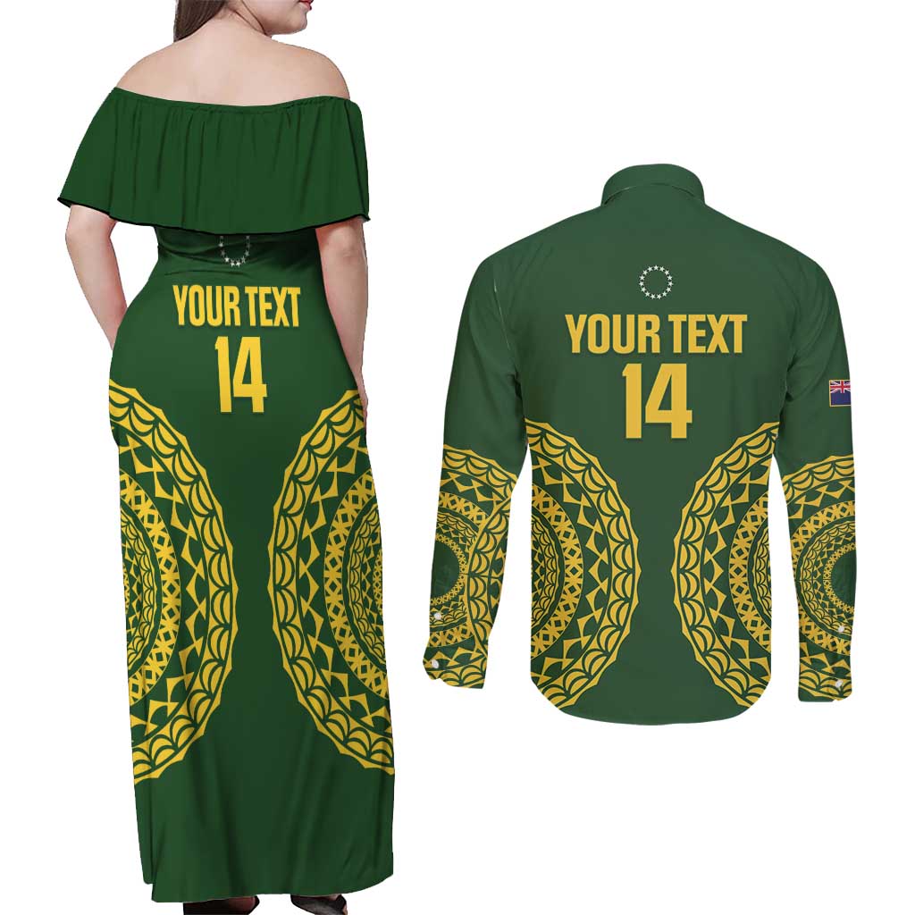 Custom Avaiki Cook Islands Rugby Couples Matching Off Shoulder Maxi Dress and Long Sleeve Button Shirt Kuki Airani Tatau Green LT14 - Polynesian Pride