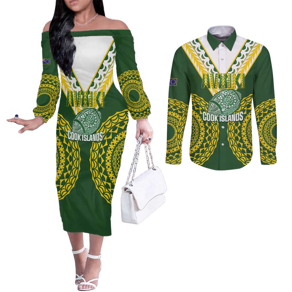 Custom Avaiki Cook Islands Rugby Couples Matching Off The Shoulder Long Sleeve Dress and Long Sleeve Button Shirt Kuki Airani Tatau Green LT14 Green - Polynesian Pride