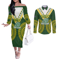 Custom Avaiki Cook Islands Rugby Couples Matching Off The Shoulder Long Sleeve Dress and Long Sleeve Button Shirt Kuki Airani Tatau Green LT14 Green - Polynesian Pride