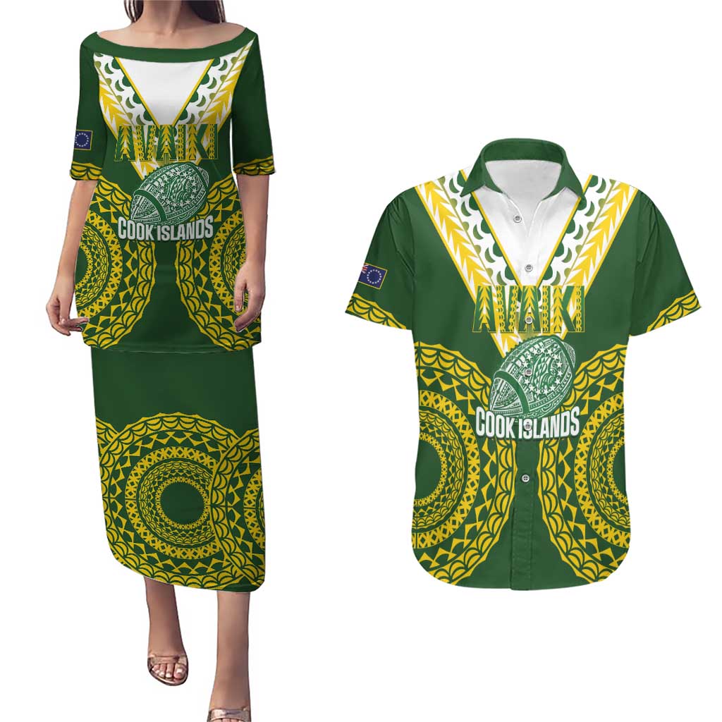 Custom Avaiki Cook Islands Rugby Couples Matching Puletasi and Hawaiian Shirt Kuki Airani Tatau Green LT14 Green - Polynesian Pride
