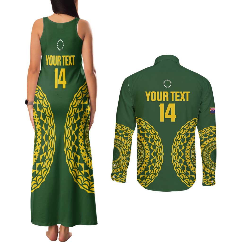 Custom Avaiki Cook Islands Rugby Couples Matching Tank Maxi Dress and Long Sleeve Button Shirt Kuki Airani Tatau Green LT14 - Polynesian Pride