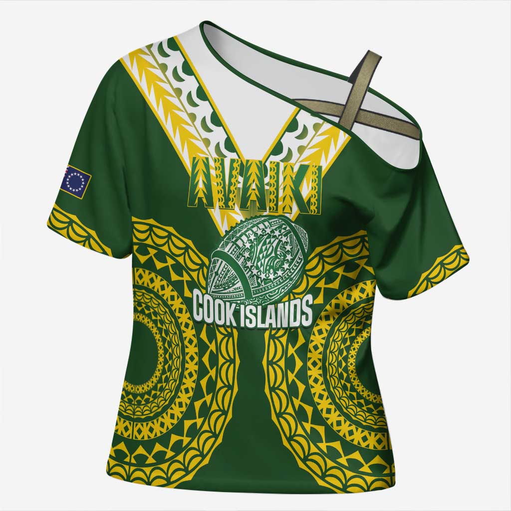 Custom Avaiki Cook Islands Rugby Cross Shoulder Shirt Kuki Airani Tatau Green - Polynesian Pride
