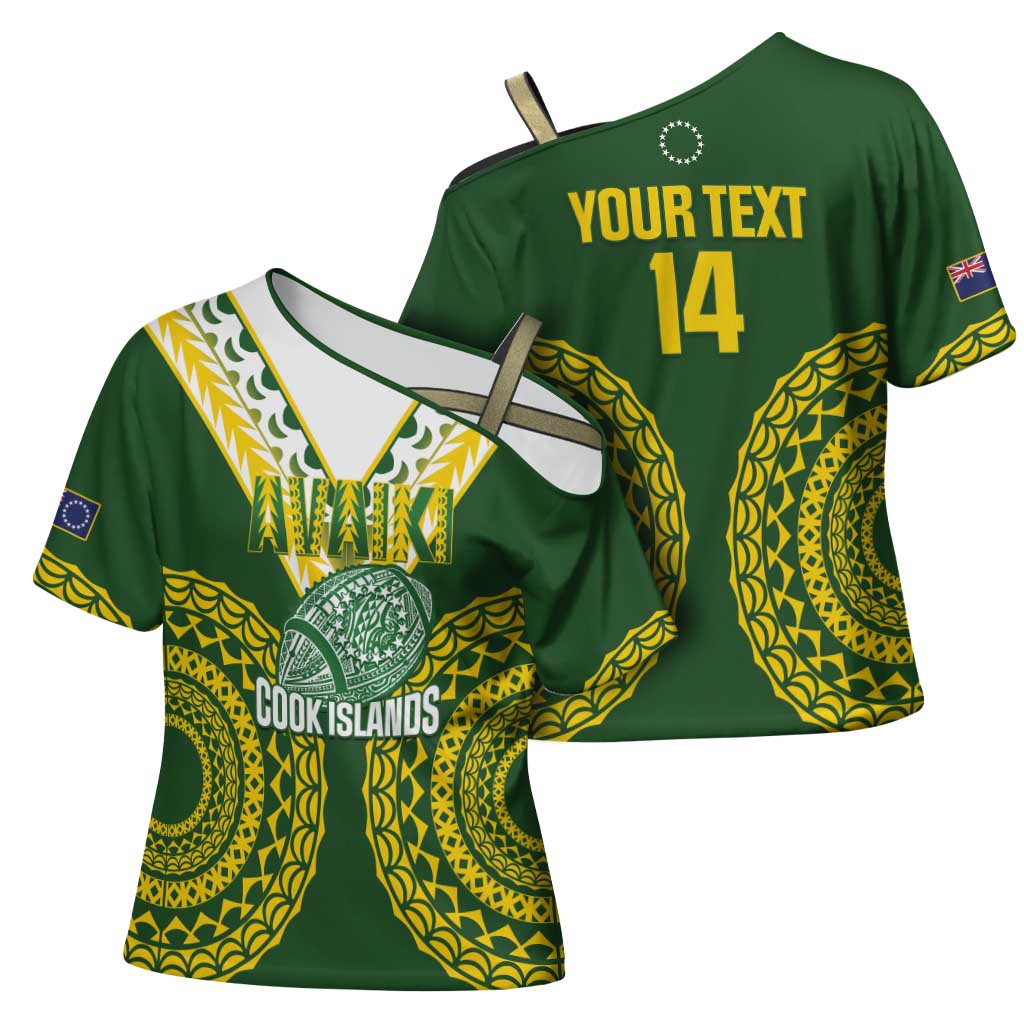 Custom Avaiki Cook Islands Rugby Cross Shoulder Shirt Kuki Airani Tatau Green LT14 - Polynesian Pride