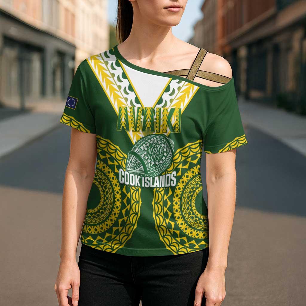 Custom Avaiki Cook Islands Rugby Cross Shoulder Shirt Kuki Airani Tatau Green LT14 - Polynesian Pride