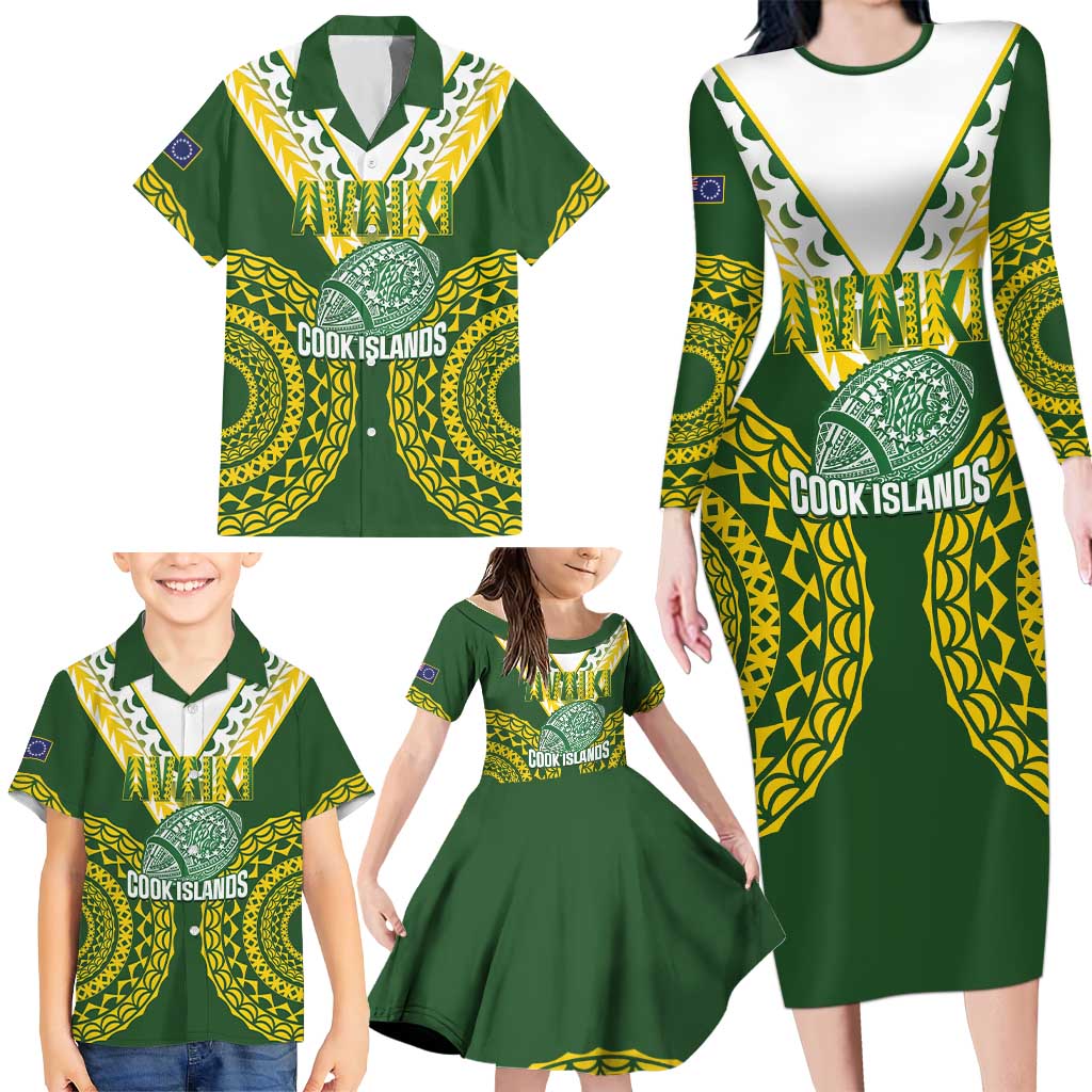 Custom Avaiki Cook Islands Rugby Family Matching Long Sleeve Bodycon Dress and Hawaiian Shirt Kuki Airani Tatau Green - Polynesian Pride