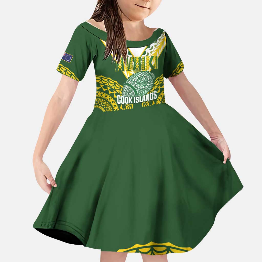 Custom Avaiki Cook Islands Rugby Family Matching Off Shoulder Maxi Dress and Hawaiian Shirt Kuki Airani Tatau Green LT14 Daughter's Dress Green - Polynesian Pride