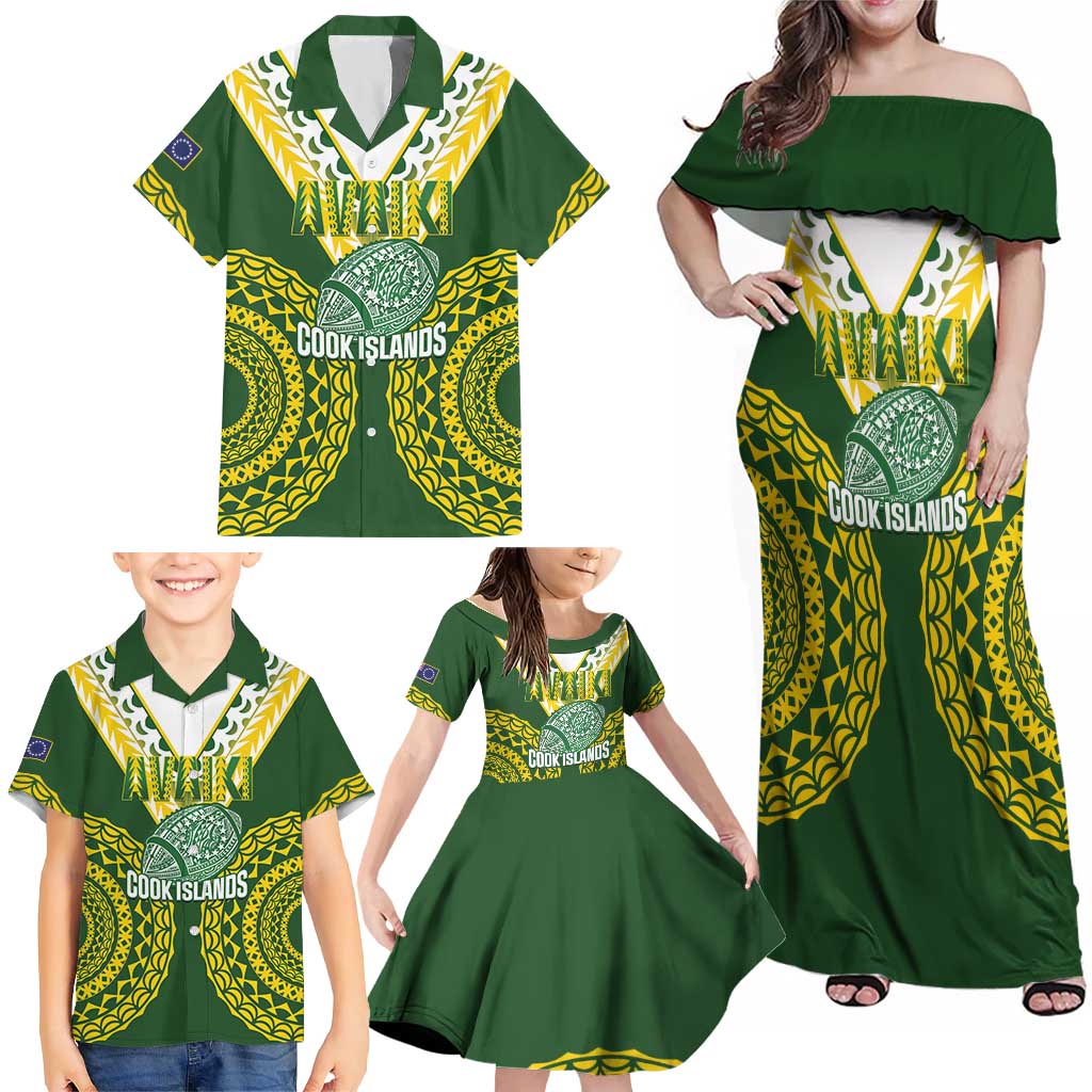 Custom Avaiki Cook Islands Rugby Family Matching Off Shoulder Maxi Dress and Hawaiian Shirt Kuki Airani Tatau Green - Polynesian Pride