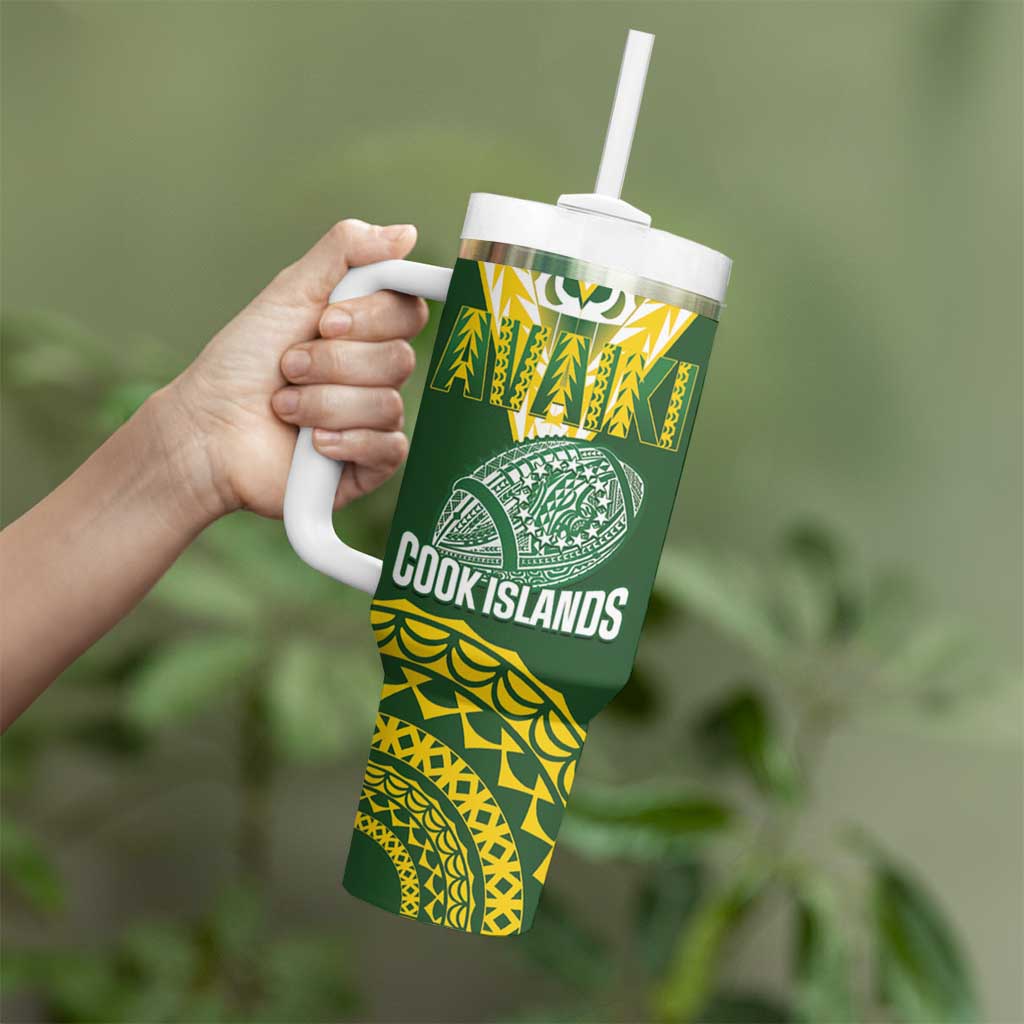 Custom Avaiki Cook Islands Rugby Tumbler With Handle Kuki Airani Tatau Green LT14 - Polynesian Pride