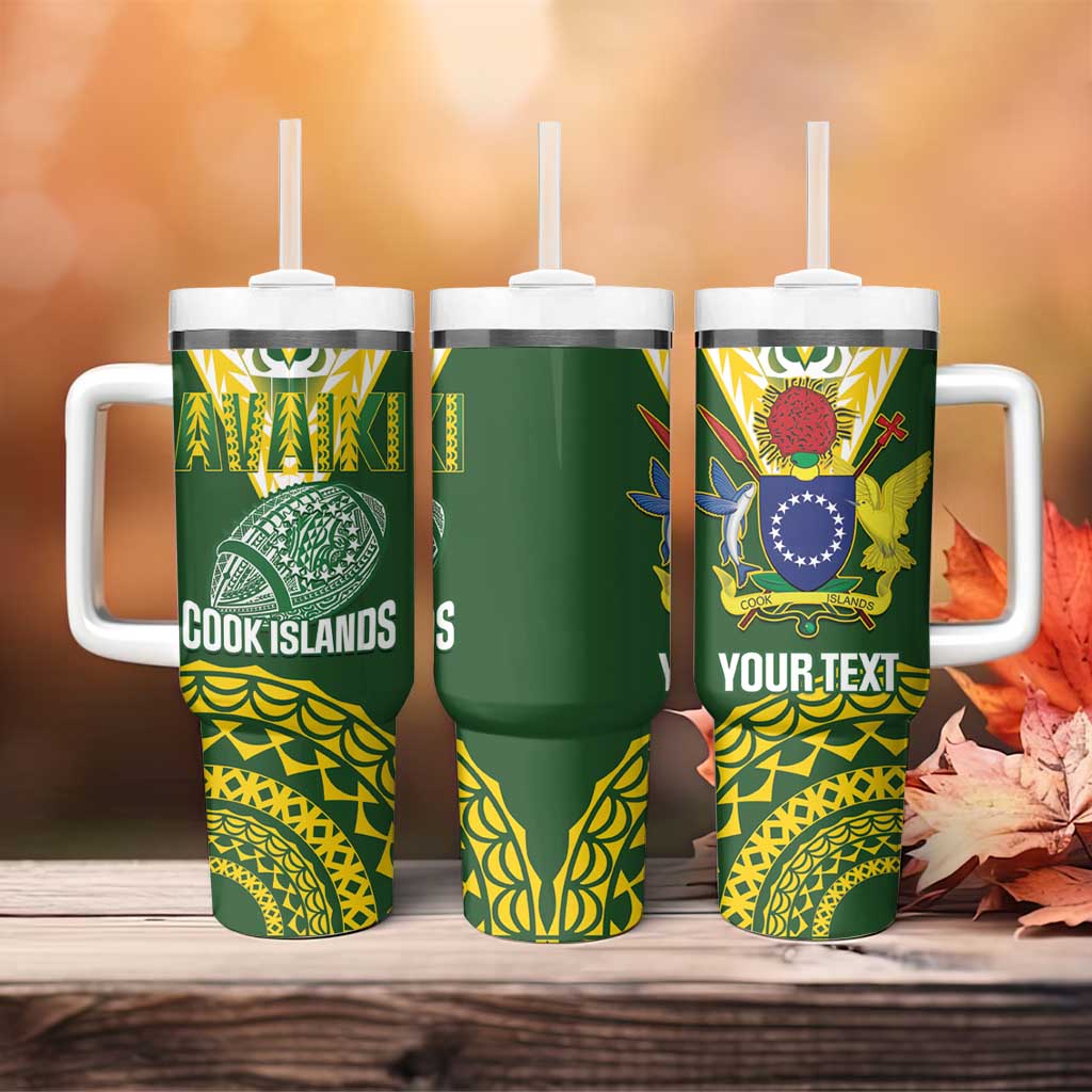 Custom Avaiki Cook Islands Rugby Tumbler With Handle Kuki Airani Tatau Green LT14 - Polynesian Pride