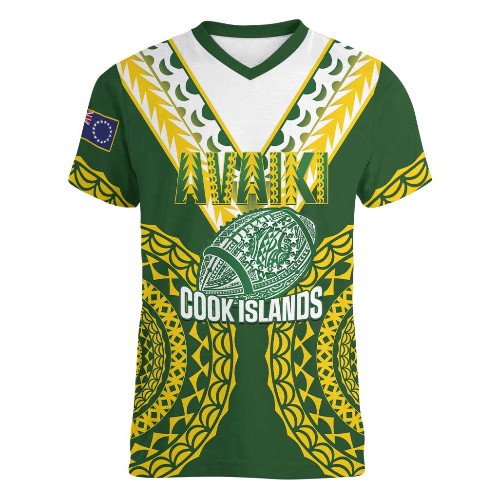 Custom Avaiki Cook Islands Rugby Women V-Neck T-Shirt Kuki Airani Tatau Green - Polynesian Pride