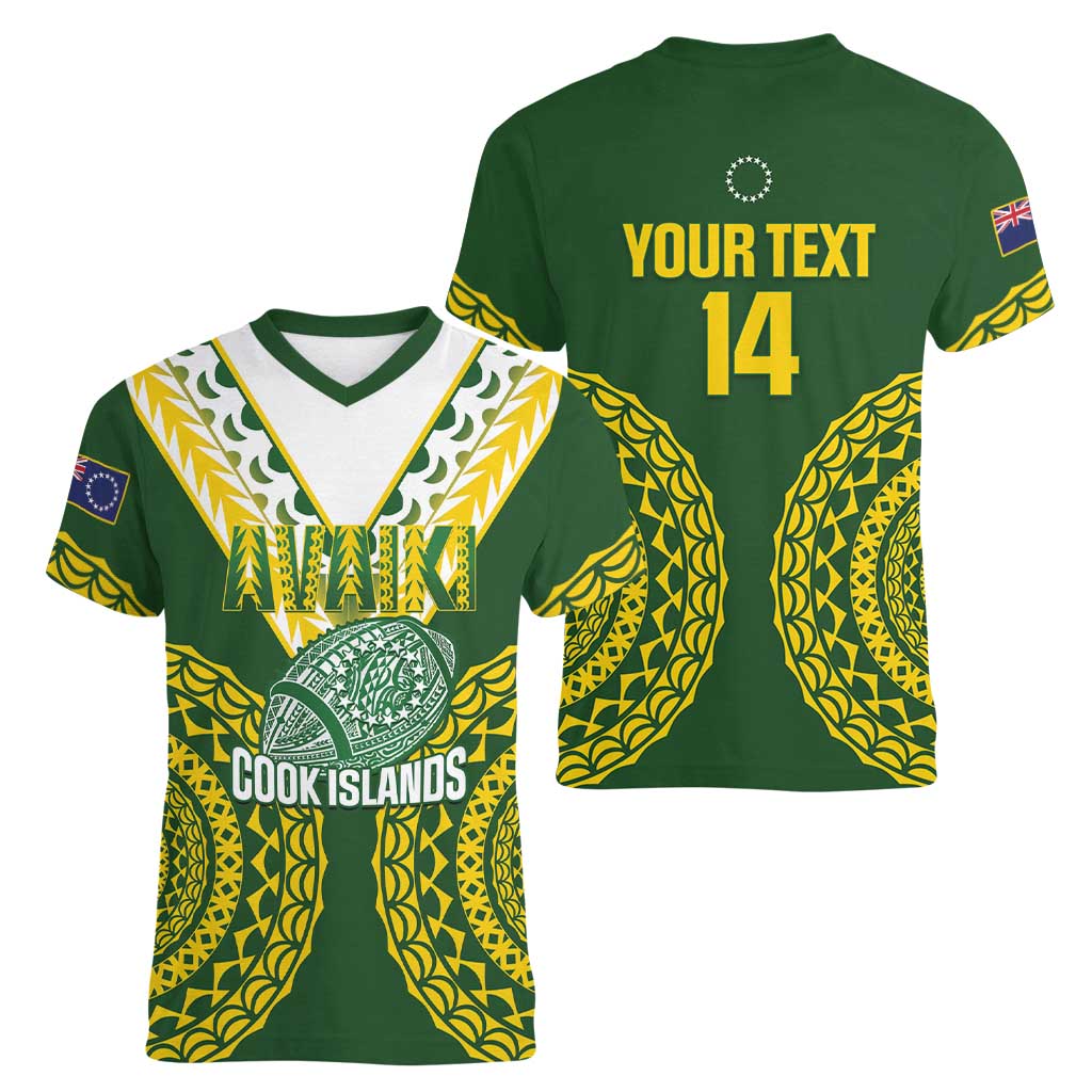 Custom Avaiki Cook Islands Rugby Women V-Neck T-Shirt Kuki Airani Tatau Green LT14 - Polynesian Pride