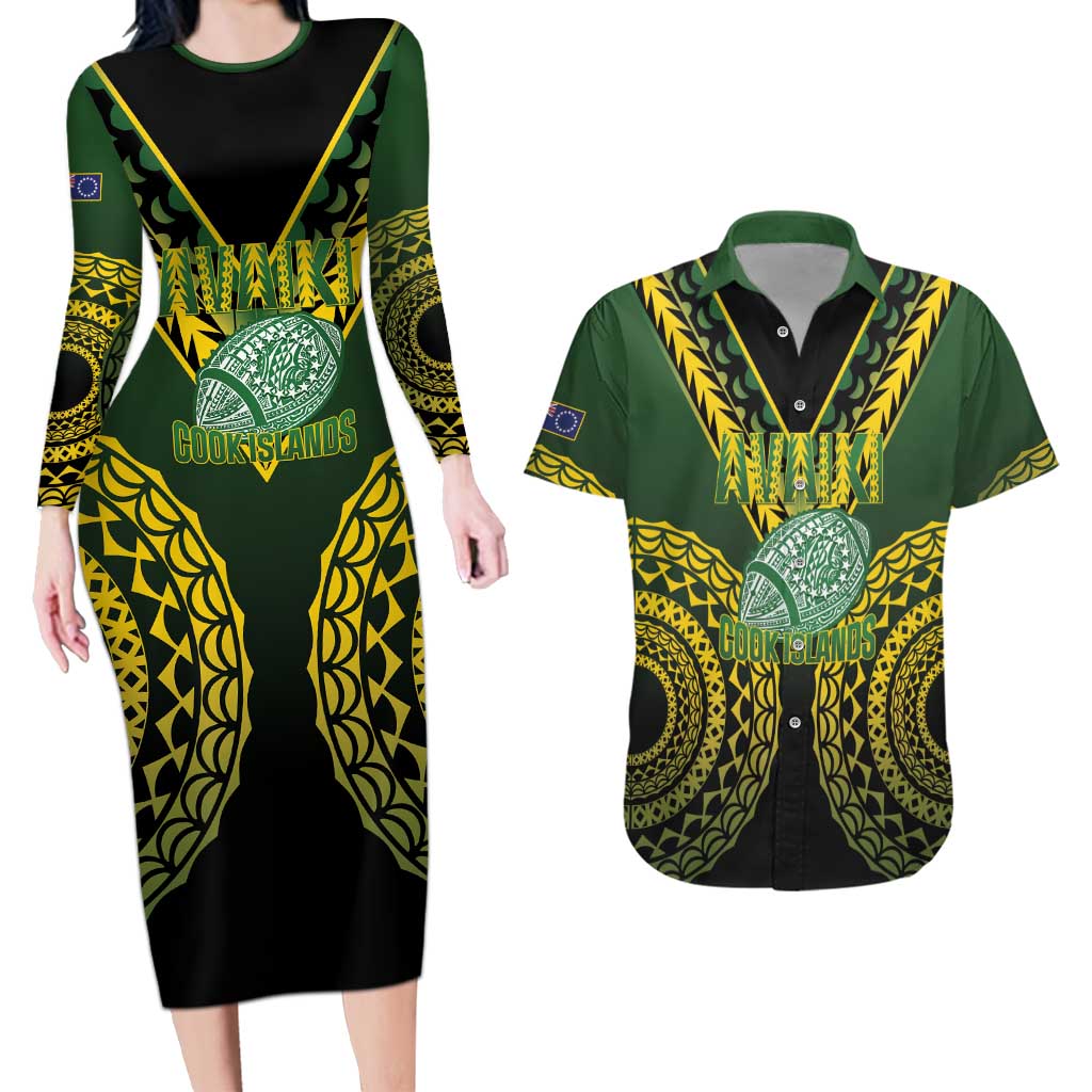 Custom Avaiki Cook Islands Rugby Couples Matching Long Sleeve Bodycon Dress and Hawaiian Shirt Kuki Airani Tatau Black LT14 Black - Polynesian Pride
