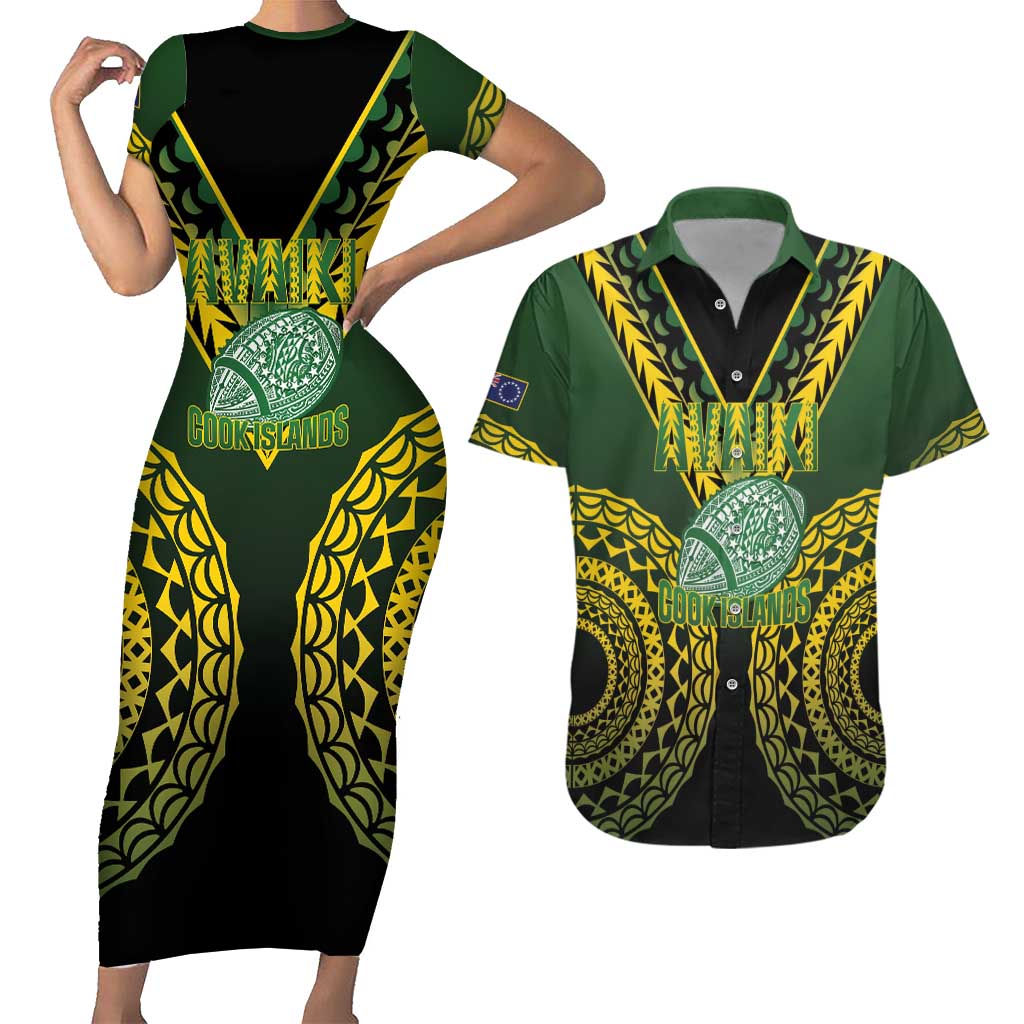 Custom Avaiki Cook Islands Rugby Couples Matching Short Sleeve Bodycon Dress and Hawaiian Shirt Kuki Airani Tatau Black - Polynesian Pride