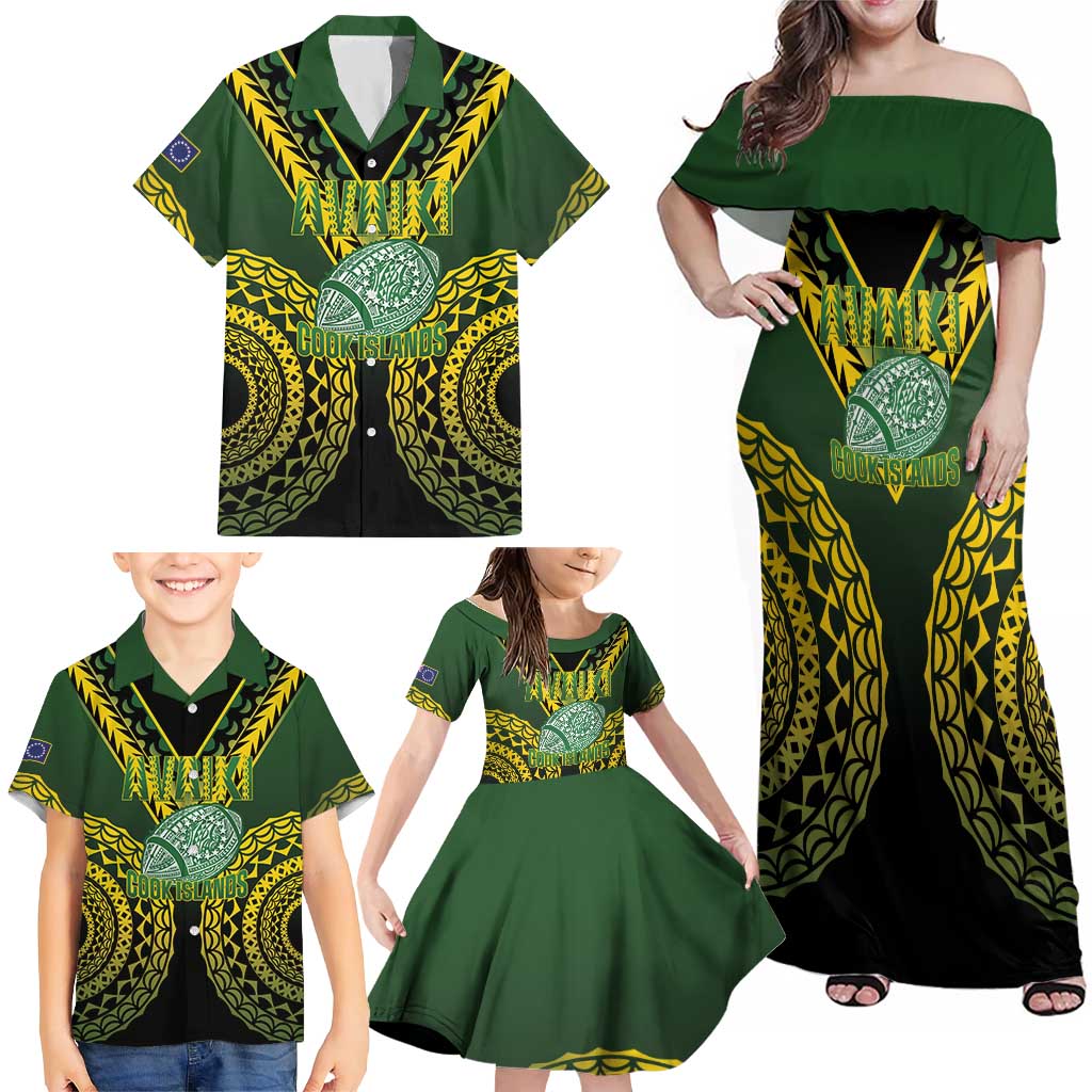 Custom Avaiki Cook Islands Rugby Family Matching Off Shoulder Maxi Dress and Hawaiian Shirt Kuki Airani Tatau Black LT14 - Polynesian Pride