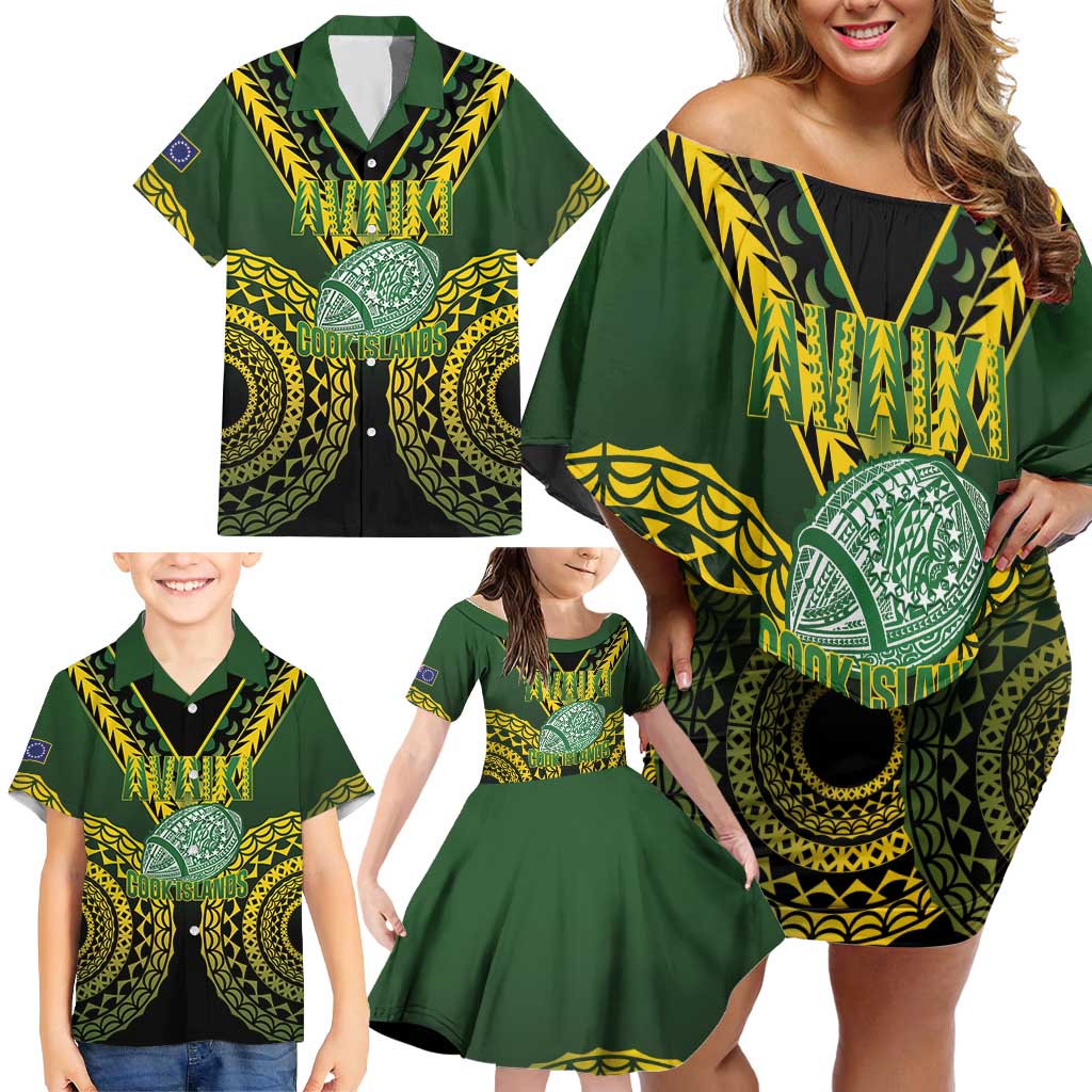 Custom Avaiki Cook Islands Rugby Family Matching Off Shoulder Short Dress and Hawaiian Shirt Kuki Airani Tatau Black - Polynesian Pride