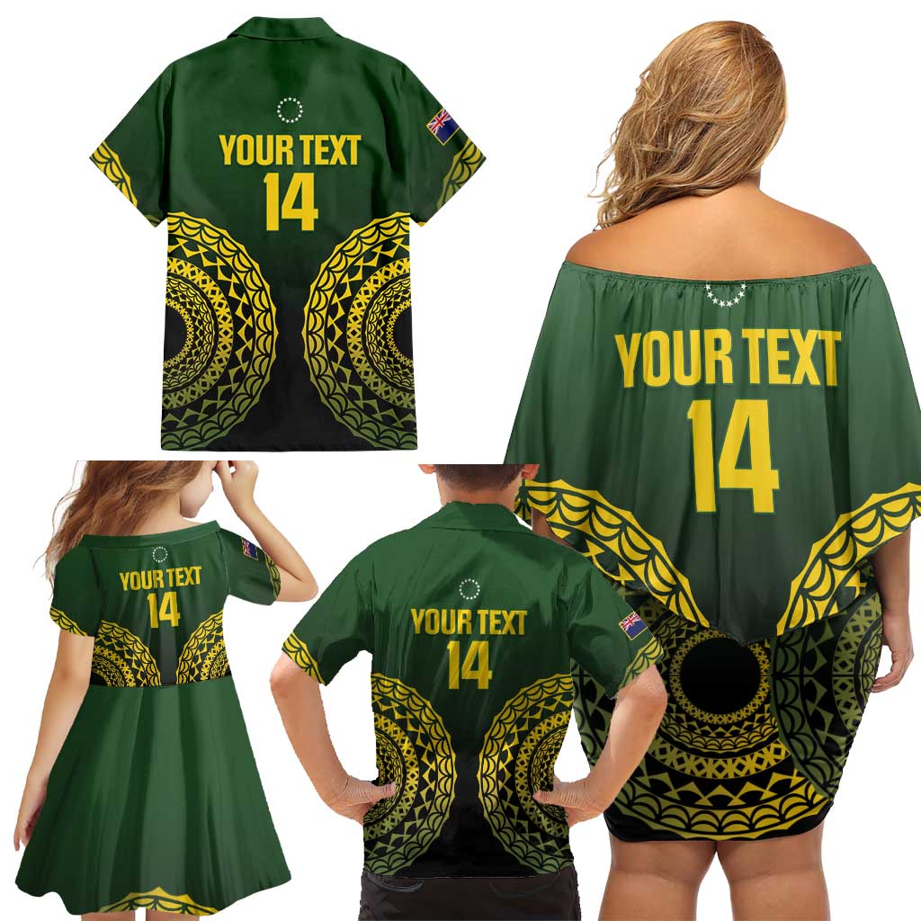 Custom Avaiki Cook Islands Rugby Family Matching Off Shoulder Short Dress and Hawaiian Shirt Kuki Airani Tatau Black LT14 - Polynesian Pride