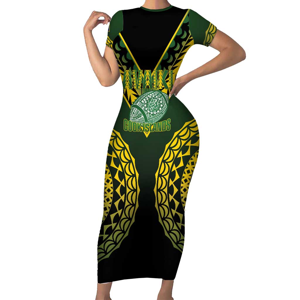 Custom Avaiki Cook Islands Rugby Short Sleeve Bodycon Dress Kuki Airani Tatau Black - Polynesian Pride