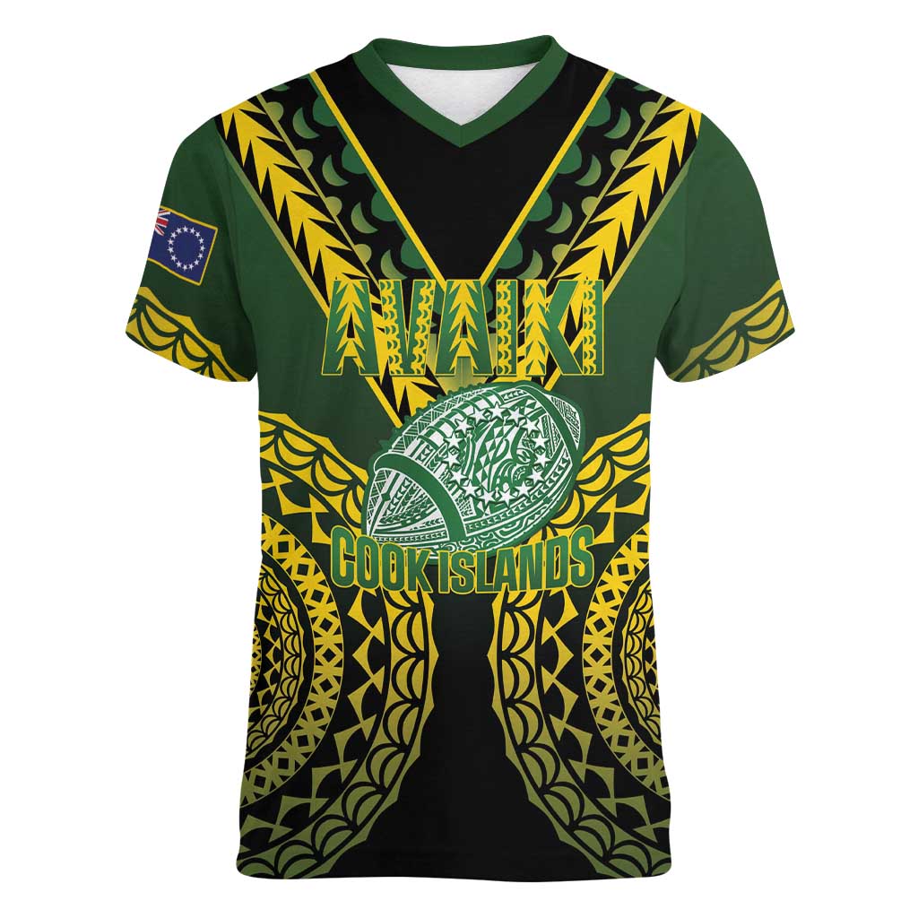 Custom Avaiki Cook Islands Rugby Women V-Neck T-Shirt Kuki Airani Tatau Black - Polynesian Pride