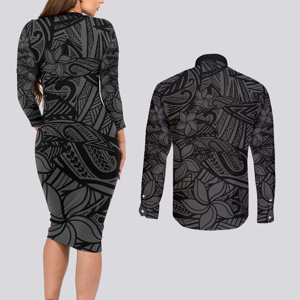 Polynesia Couples Matching Long Sleeve Bodycon Dress and Long Sleeve Button Shirt Polynesian Pattern Mix Plumeria Black LT14