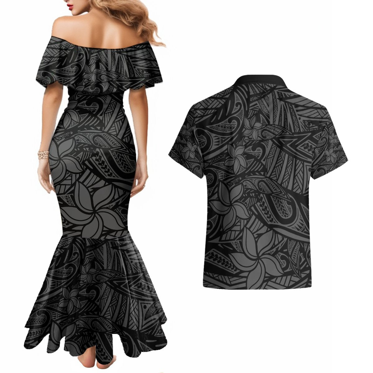 Polynesia Couples Matching Mermaid Dress and Hawaiian Shirt Polynesian Pattern Mix Plumeria Black LT14 - Polynesian Pride