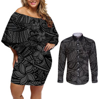 Polynesia Couples Matching Off Shoulder Short Dress and Long Sleeve Button Shirt Polynesian Pattern Mix Plumeria Black LT14 Black - Polynesian Pride