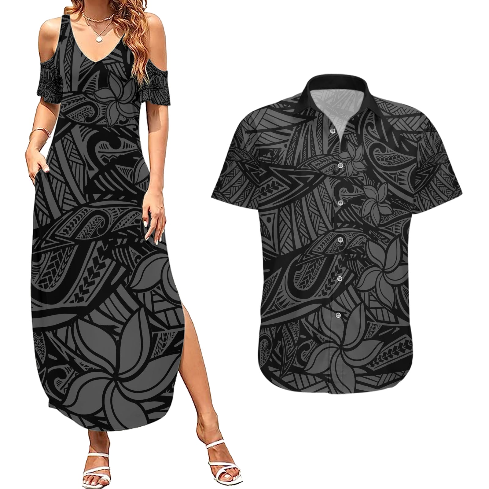 Polynesia Couples Matching Summer Maxi Dress and Hawaiian Shirt Polynesian Pattern Mix Plumeria Black LT14 Black - Polynesian Pride