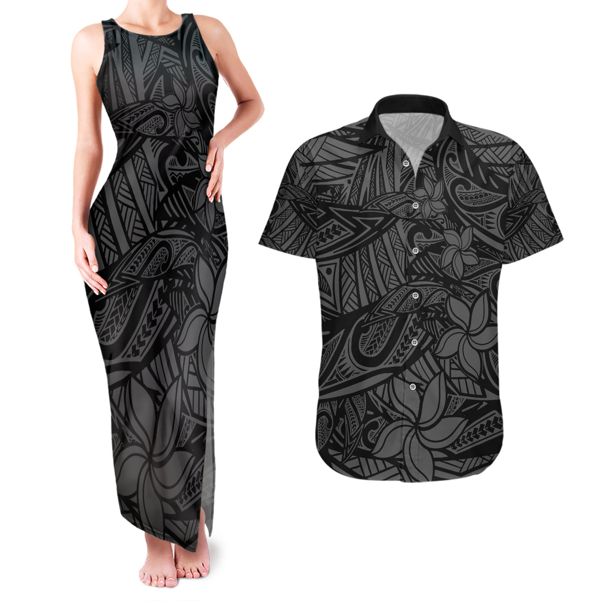 Polynesia Couples Matching Tank Maxi Dress and Hawaiian Shirt Polynesian Pattern Mix Plumeria Black LT14 Black - Polynesian Pride