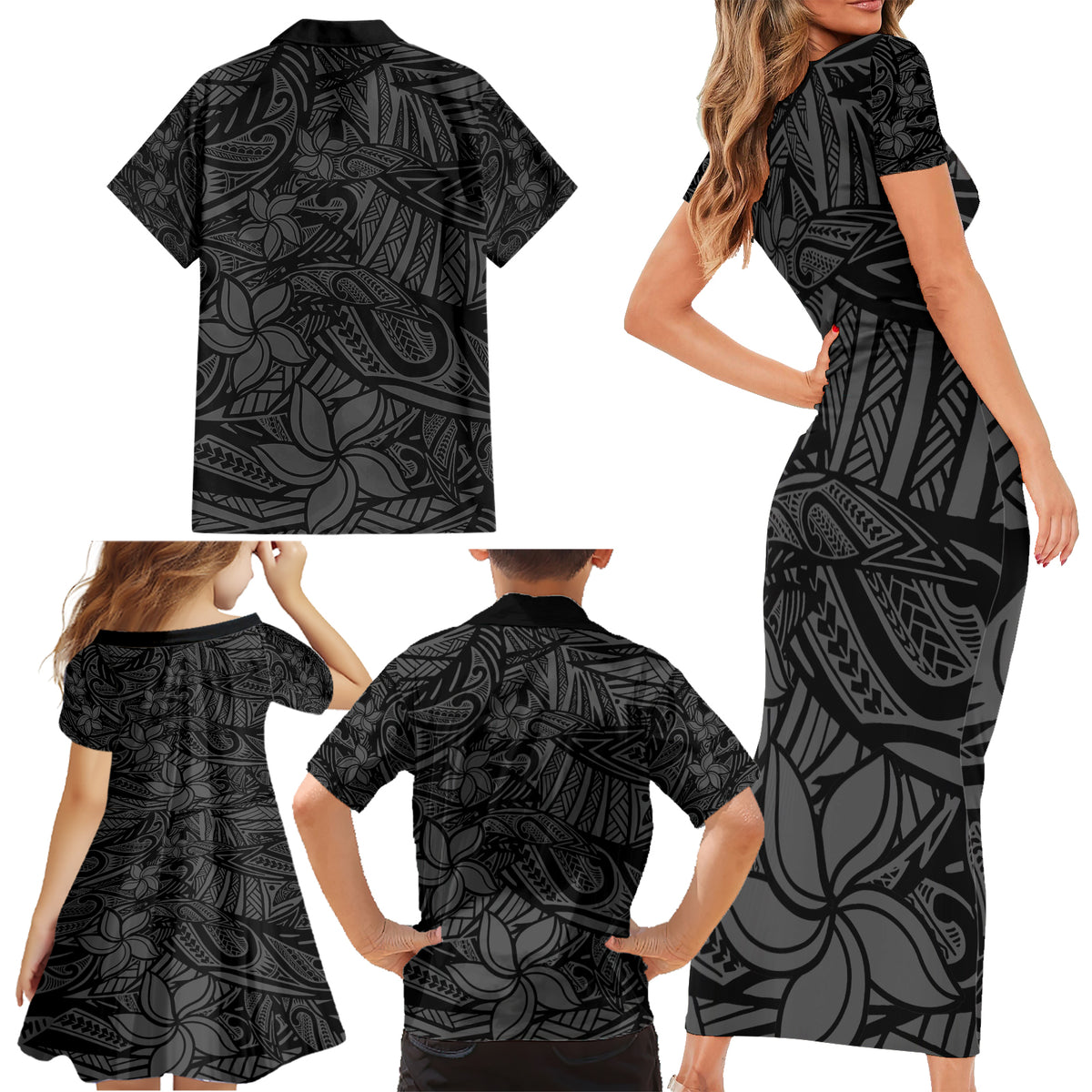 Polynesia Family Matching Short Sleeve Bodycon Dress and Hawaiian Shirt Polynesian Pattern Mix Plumeria Black LT14 - Polynesian Pride